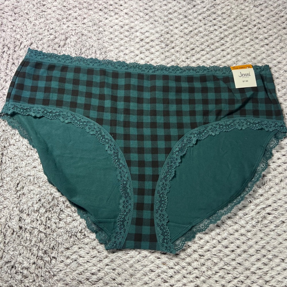 Jenni Intimates‎ Womens 3X Buffalo Plaid Core Panty Brief Teal Black Lace Trim